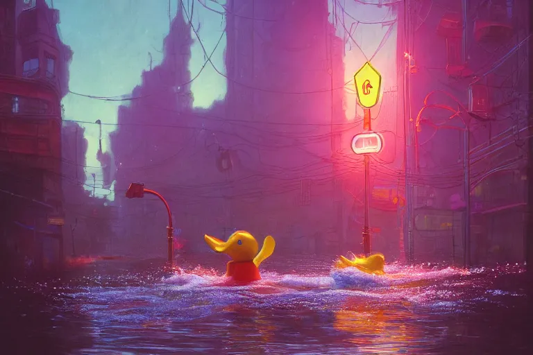 Prompt: adventures of the giant mechanical duck and a little boy in a flooded city, illustrated by simon stalenhag and gaston bussiere, 3 5 mm lens, rule of third, vibrantly lush neon lighting, beautiful volumetric lighting, a futuristic urban atmosphere, intricate, ultra detailed, photorealistic imagery, trending on artstation, 4 k, 8 k