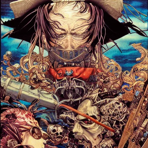 Image similar to portrait of crazy pirate, symmetrical, depth of field, by yoichi hatakenaka, masamune shirow, josan gonzales and dan mumford, ayami kojima, takato yamamoto, barclay shaw, karol bak, yukito kishiro
