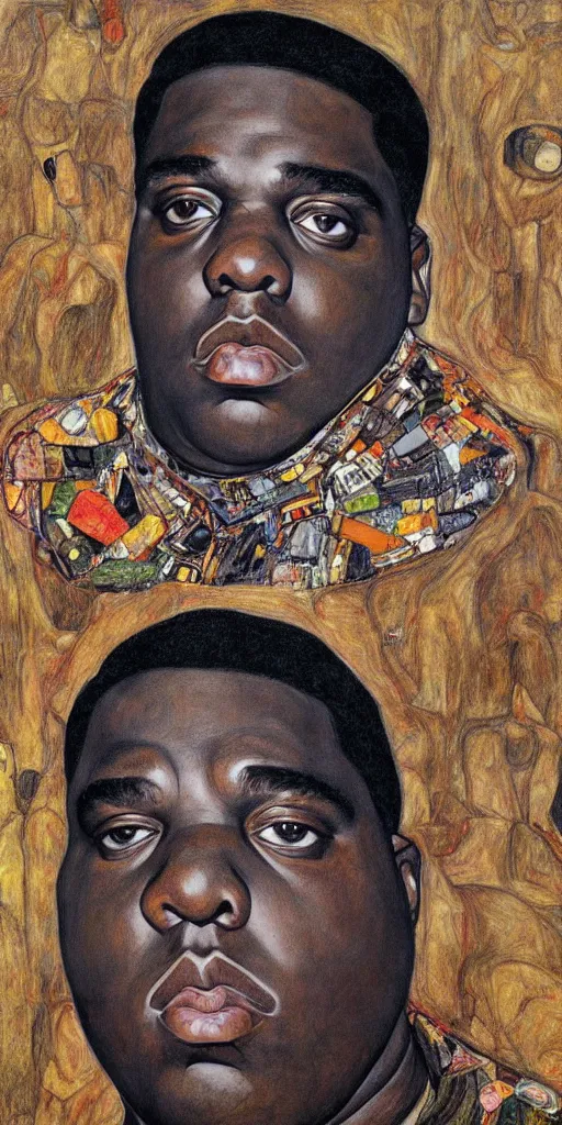 Image similar to a full body portrait of biggie smalls in style of egon schiele, herakut and gustav klimt, masterpiece, hyperdetailed, complex, intricate, 4 k, trending on artstation