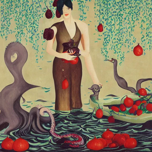 Prompt: tall female catgirl artist holding vegetables in her flooded kitchen, pomegranates, octopus, water gushing from ceiling, painting of flood waters inside an artist's apartment, a river flooding indoors, candles, ikebana, zen, rapids, waterfall, black swans, canoe, berries, acrylic on canvas, surrealist, by magritte and monet