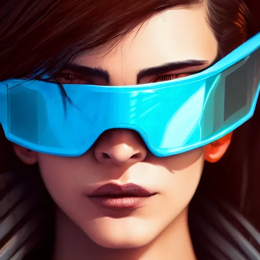 Image similar to closeup painting of a very beautiful young mexican cyberpunk woman with a smirk, wearing light blue shutter shades and a dark brown leather jacket, one side haircut, long brown hair with light blue ends, portrait, hyperdetailed, artstation, cgsociety, 8 k, synthwave by tangerine dream