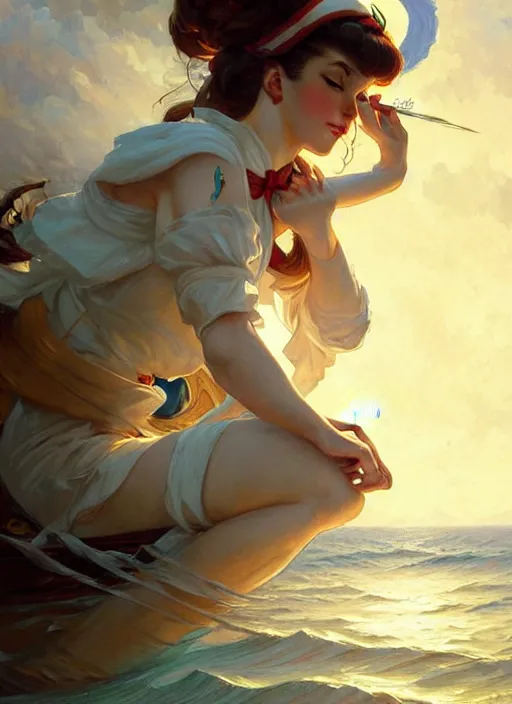 Image similar to sailor on its boat, fantasy, highly detailed, digital painting, artstation, concept art, wallpaper, smooth, sharp focus, illustration, art by artgerm and greg rutkowski and alphonse mucha