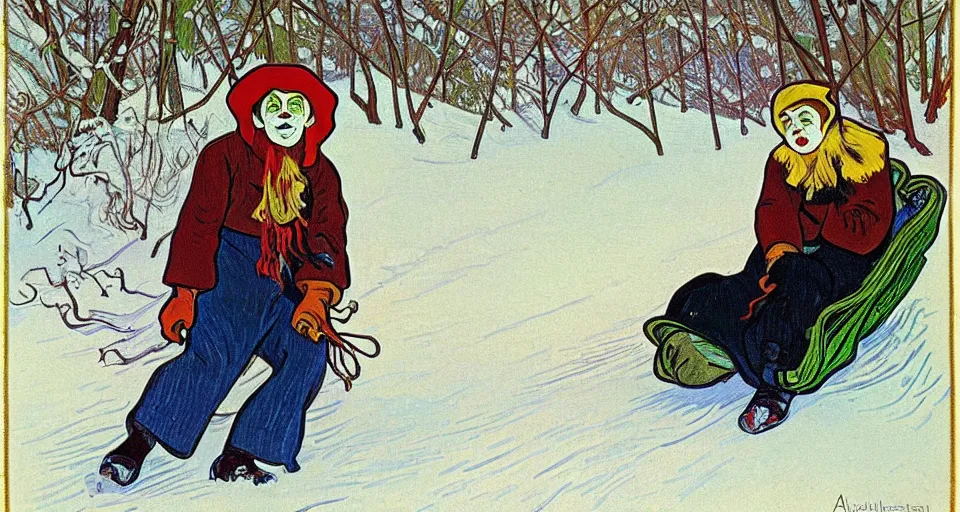 Prompt: sledding scene of winter single handsome thin delicate beautiful male clown named pepes wearing stylish modest! clown clothes and sledding in the snow in winter, masculine clown high fashion, elegant, clear, painting, stylized, delicate, soft facial features, delicate facial features, art by alphonse mucha, vincent van gogh