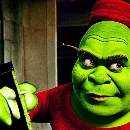 Image similar to shrek as a villain in a horror movie, directed by scott derrickson, found footage, evil and ominous