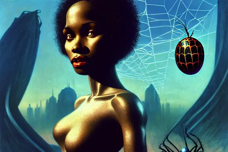 Image similar to realistic detailed photorealistic film portrait shot of a beautiful black woman with a giant spider, sci-fi city landscape background by Denis Villeneuve, Amano, Yves Tanguy, Alphonse Mucha, Ernst Haeckel, Max Ernst, Andrei Tarkovsky, Edward Robert Hughes, Roger Dean, necklace, dynamic pose, rich moody colours, wide angle, blue eyes