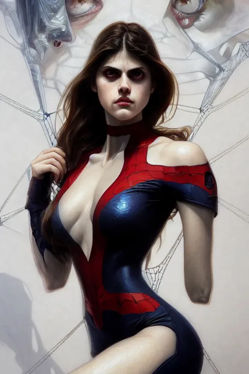 Image similar to alexandra daddario as spider girl, realistic portrait, symmetrical, highly detailed, digital painting, artstation, concept art, smooth, sharp focus, illustration, cinematic lighting, art by artgerm and greg rutkowski and alphonse mucha