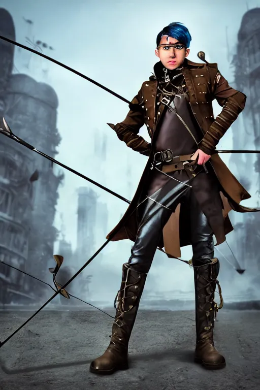 Prompt: Full body Picture of a Male archer, steampunk, black leahter gloves, leather duffle coat, marked muscles, brown skin, light blue hair, brown eyes, detailed face, combat stance, black denim pants, intrincate clothing, hi-tech longbow, metallic arrows, urban jungle, epic fantasy, city in the background, steampunk, D&D, by artgerm and Craig Mullins, James Jean, Andrey Ryabovichev, Mark Simonetti, Genzoman, and Peter Morbacher, matte painting, trending on artstation, artstationHD, artstationHQ, octane, full HD, 16K