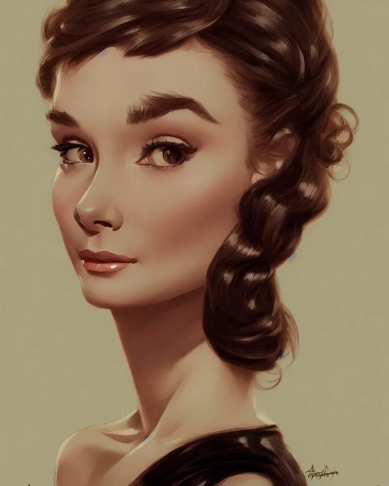 Image similar to portrait of a young audrey hepburn, upper bust, seductive eyes, long hair, joyful smirk, intricate, elegant, highly detailed, digital painting, artstation, concept art, matte, sharp focus, illustration, art by artgerm and greg rutkowski and alphonse mucha