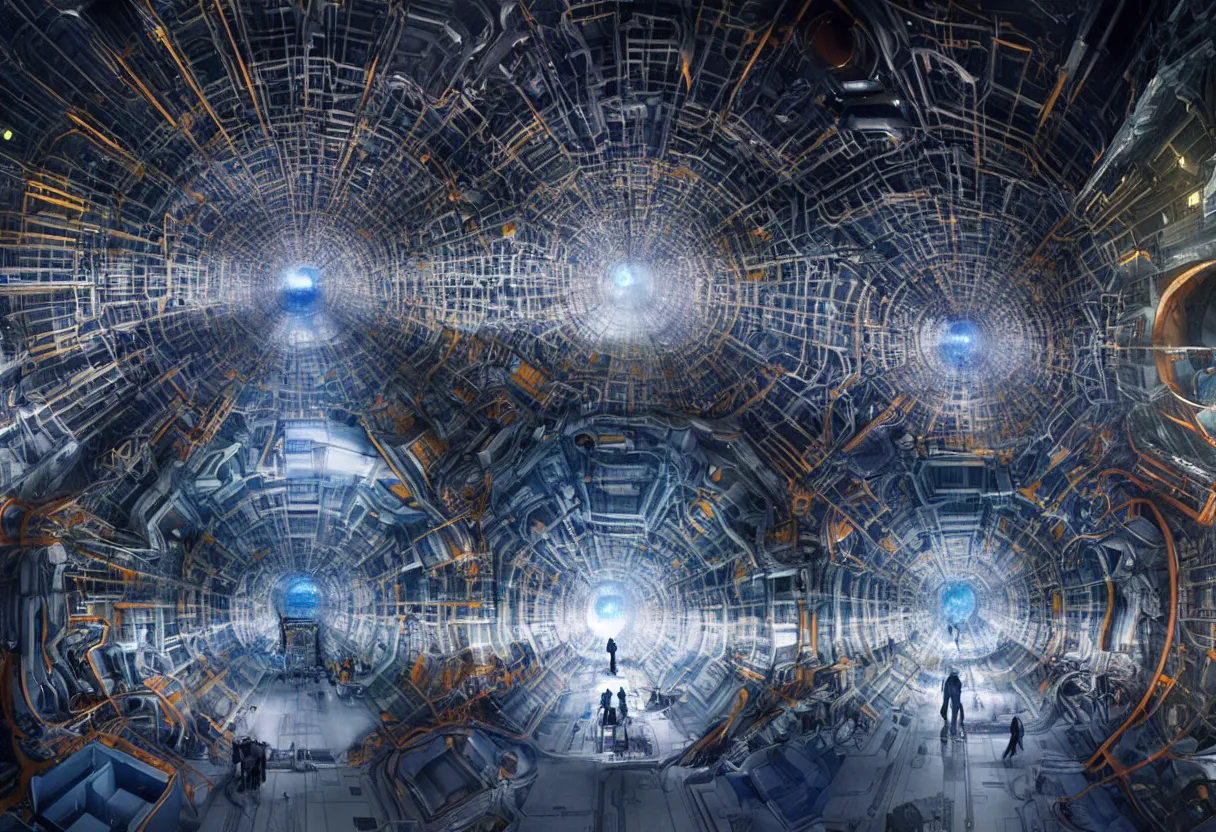 Prompt: inside of cern large hadron collider, pulled apart, ultra high definition, ultra detailed, matte painting, by greg rutkowski and ross tran and wlop