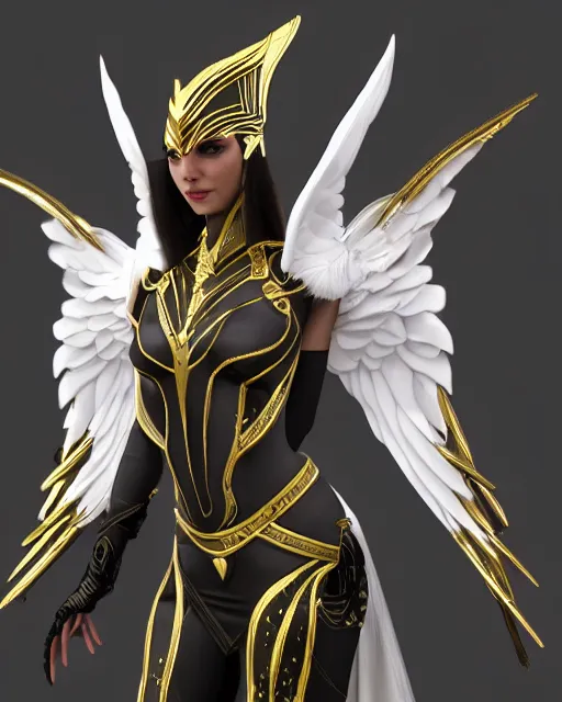 Image similar to attractive egyptian queen wearing white dove wings, warframe armor, regal, attractive, ornate, sultry, elize theron, pretty face, green eyes, scifi platform, 4 k, ultra realistic, epic lighting, illuminated, cinematic, black gold, art by akihito tsukushi, voidstar