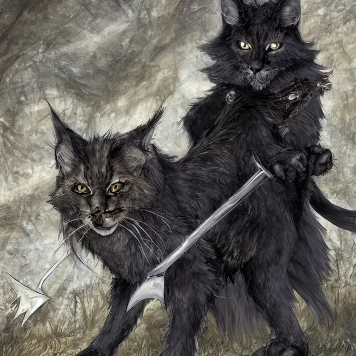 Prompt: khajit tabaxi catfolk humanoid with maine coon features black fur with a scar on the left eye and holding two shortswords cloaked in shadow and wearing hooded leather armor agile, dungeons and dragons, fantasy, tarot card style, high detail, hyper realistic