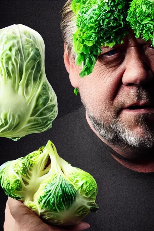 Prompt: 📷 russell crowe the brussel sprout, made of food, head portrait, dynamic lighting, 4 k