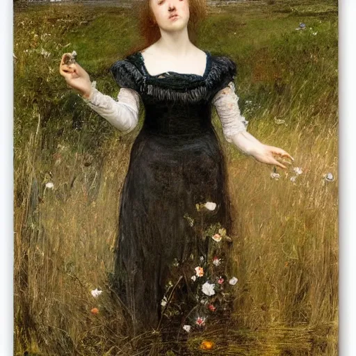 Prompt: young drowned ophelia floating in dark waters, wearing an antique embroidered dress, arms stretched out, with closed eyes, by sir john everett millais, surrounded by high green grass and flowers, dark, sad, detailed, oil painting, masterpiece