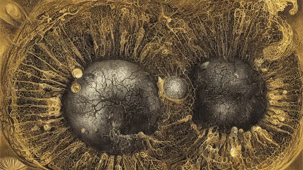 Image similar to a beautiful dreamy painting of a coronavirus inside a growing high-resolution computer, dark, sinister, detailed, art by M.C. Escher and Ernst Haeckel