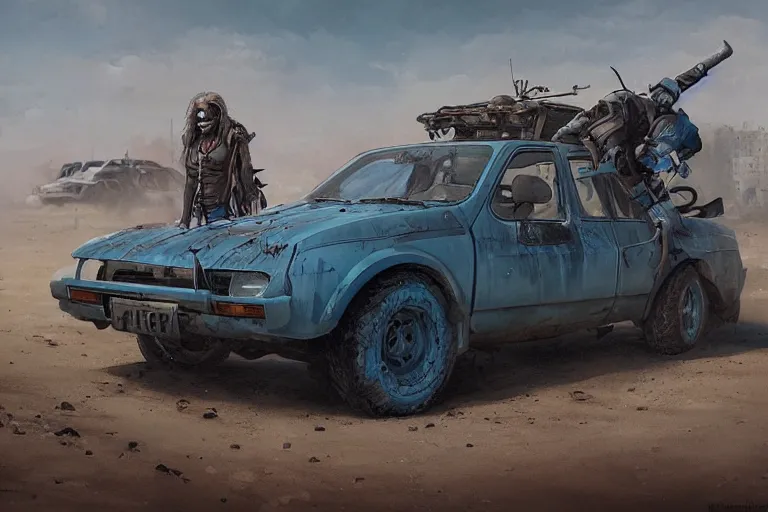 Image similar to a Dacia 1310, in Mad Max style, coriolios rpg art style, full of details, dark sci-fi, cold blue colors, matte painting, artstation, 8k, hyperrealistic, style of peter mohrbacher