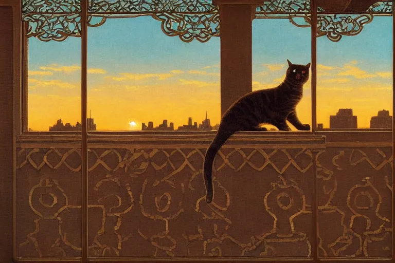 Prompt: painting of a cat, in a rooftop, watching new york, beautiful, sunset, romantic, by ludwig deutsch and maxfield parrish, patterned tilework, extremely detailed, cinematic lighting, smooth sharp focus