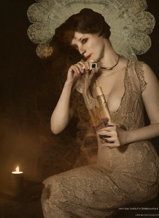 Prompt: woman in a dark room wearing lace smoking a cigarette advertisement photography by mucha, candlelight, pagan, extremely coherent, sharp focus, elegant, render, octane, detailed, award winning photography, masterpiece, rim lit