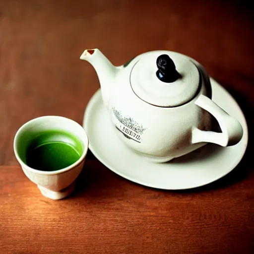 Image similar to impressonism nostalgic photograph of a teapot on a wooden table next to a cup of matcha tea, portra 800
