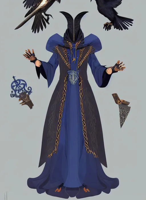 Image similar to hawk and raven headed warlock, wind magic, blue robes, exquisite details, full body character design on a white background, by studio muti