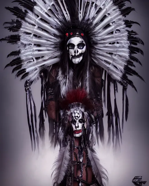 Image similar to lady native sisters ghost - spirit of the grim - warpaint wears the scarlet skull armor and native blood headdress feathers, midnight fog - mist!, dark oil painting colors, realism, cinematic lighting, various refining methods, micro macro autofocus, ultra definition, award winning photo, photograph by ghostwave - gammell - giger - shadowlord