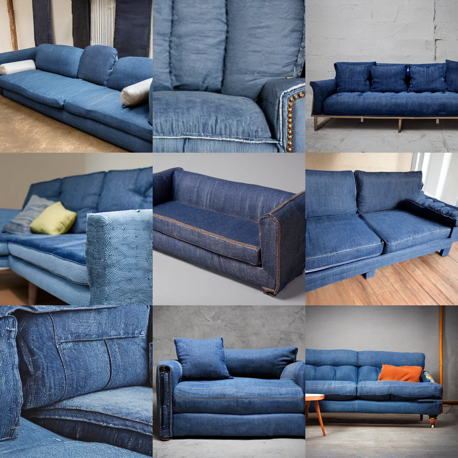 Prompt: studio photo of a sofa made from denim trousers