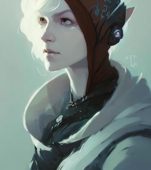 Image similar to portrait of a elven mage ( dragon age ) by atey ghailan, by greg rutkowski, by greg tocchini, by james gilleard, by joe fenton, by kaethe butcher, dynamic lighting, gradient light blue, brown, blonde cream and white color scheme, grunge aesthetic