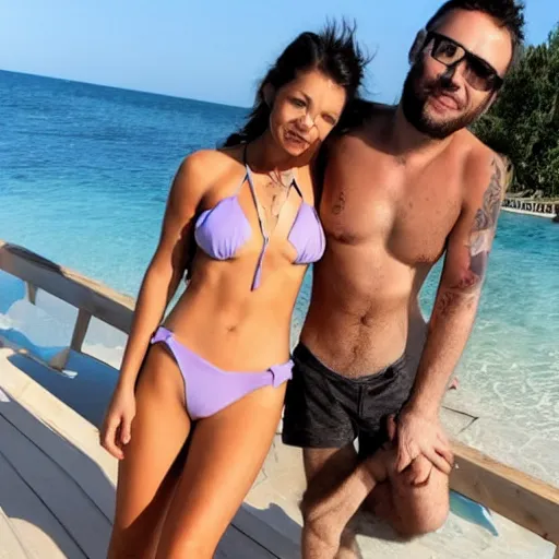 Image similar to photo of a 4 0 year old man that looks young for his age dating a very attractive 2 2 year old woman wearing a bikini. they are at a subrban house.