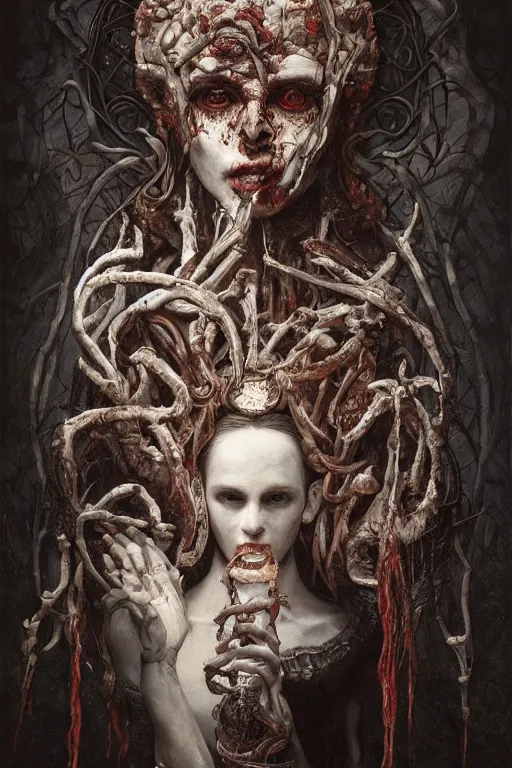 Prompt: breathtaking detailed painting of a sevil god of meat and bones, intricate art nouveau white metal strokes, meat and blood stained glass, rembrandt style, elegant, highly detailed, artstation, concept art, matte, sharp focus, art by tom bagshaw, and greg rutkowski