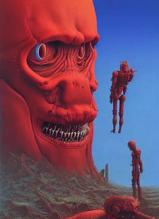 Prompt: hyper realistic end of the world by zdzisław beksinski and norman rockwell and greg rutkowskiweta studio, a red cyborg samurai, tokio futuristic in background, and lucasfilm, realm of the ovarian machine, horror art, blue and red hour