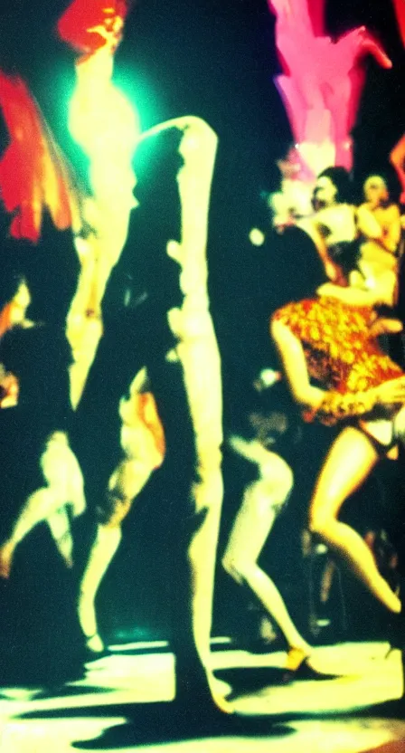 Image similar to antichrist dancing at Studio 54, disco, saturated color, high contrast, depth of field, 1976, bad vhs