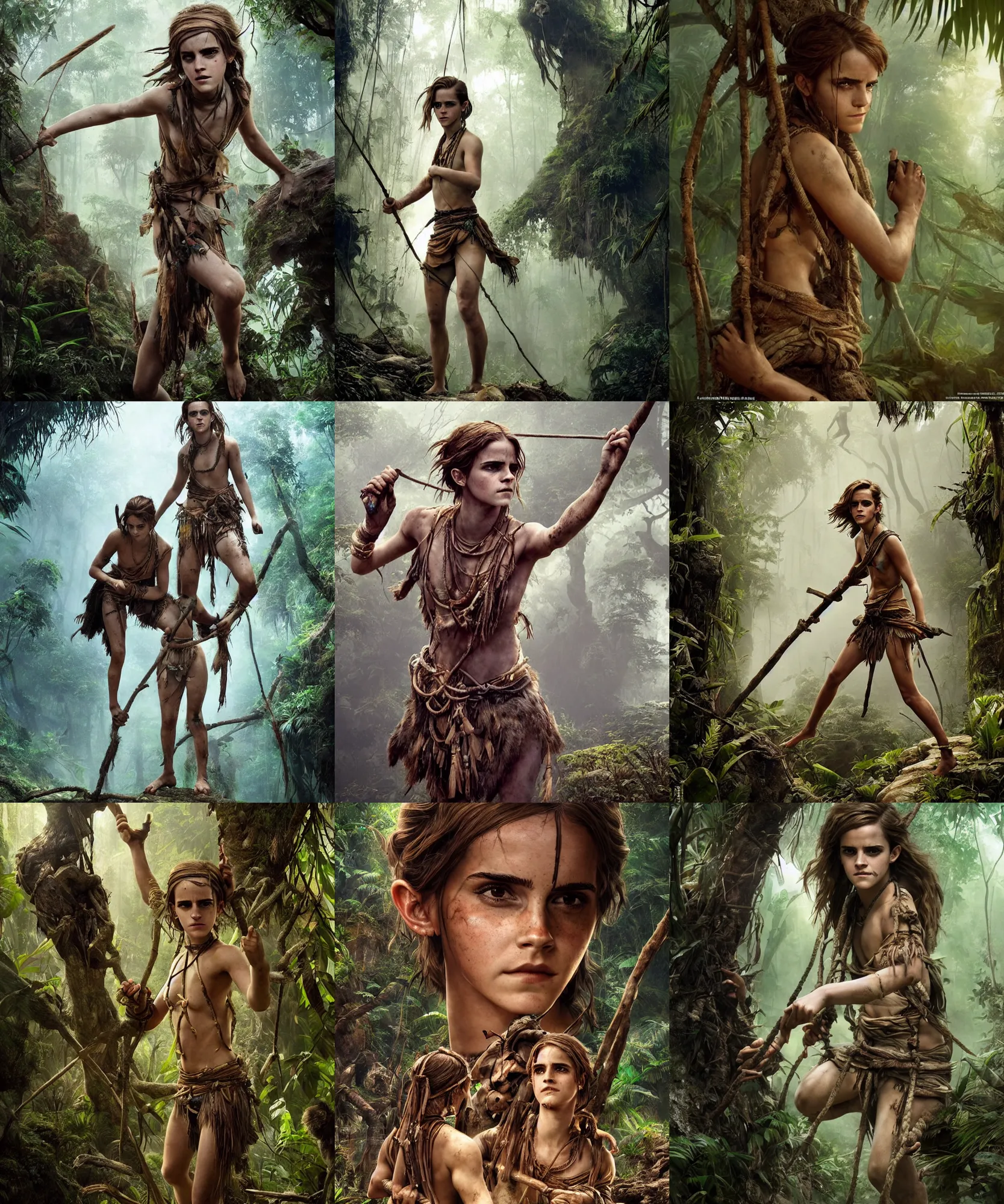 Prompt: A epic photo of emma watson from an ancient tribe in the jungle in the movie by nuri iyem, james gurney, james jean, greg rutkowski, anato finnstark. hyper detailed, 50mm, award winning photography
