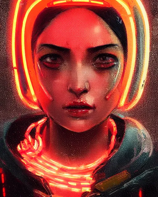 Image similar to detailed portrait Neon Operator Girl, cyberpunk futuristic neon, orange reflective puffy coat, decorated with traditional Japanese ornaments by Ismail inceoglu dragan bibin hans thoma greg rutkowski Alexandros Pyromallis Nekro Rene Maritte Illustrated, Perfect face, fine details, realistic shaded, fine-face, pretty face