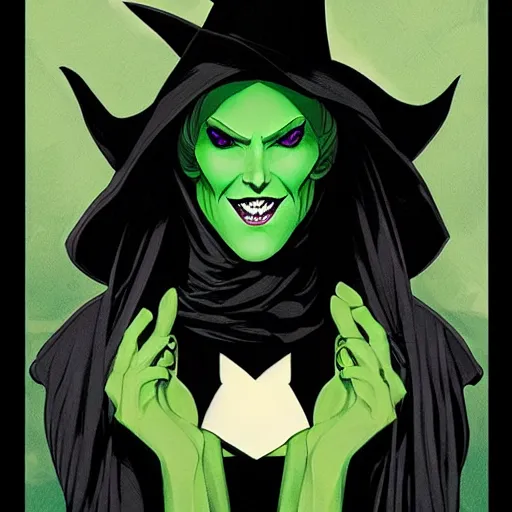 Image similar to Wicked witch of the west, style of Joshua Middleton comic book art Nick Dragotta comic art, black and green eyes, symmetrical face, symmetrical eyes, scary smile, full body, dark green dress