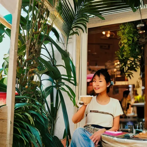 Image similar to a thin, pretty young Filipino girl sits near the window of a cute seaside Cafe with an espresso, golden morning light, cozy, tropical plants, Spirited Away