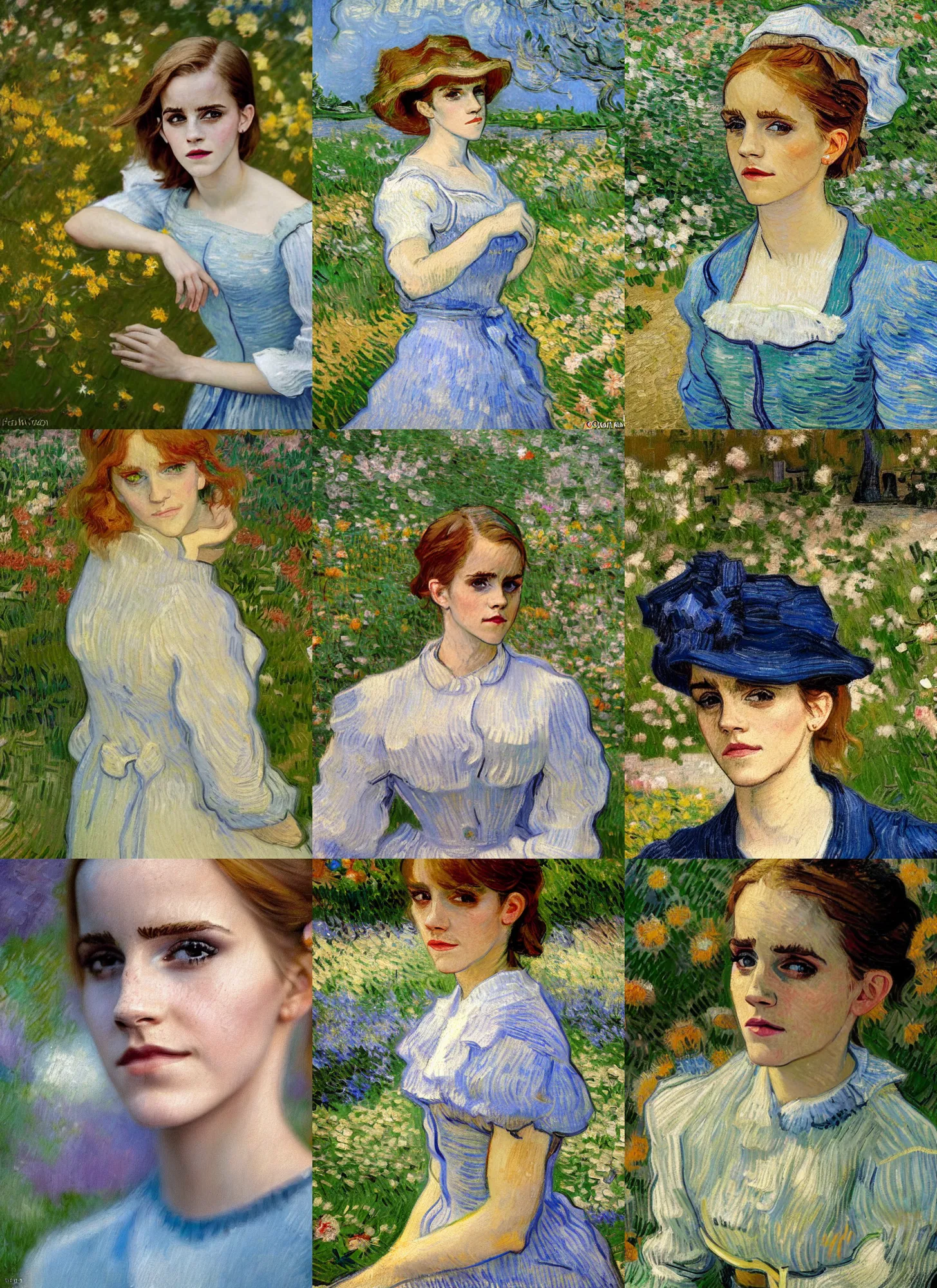 Prompt: an impressionist portrait painting of emma watson by van gogh, garden background,!!! shallow depth of field!!!, canon 5 0 mm!! tilt - shift!! lens f 1. 2