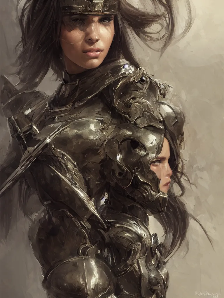 Image similar to a portrait of an attractive young woman, clothed in battle armor, olive skin, long dark hair, beautiful bone structure, symmetrical facial features, intricate, elegant, highly detailed, digital painting, trending on Artstation, concept art, smooth, sharp focus, illustration, from Metal Gear by Ruan Jia and Mandy Jurgens and Artgerm and greg rutkowski and william-adolphe bouguerea, award winning