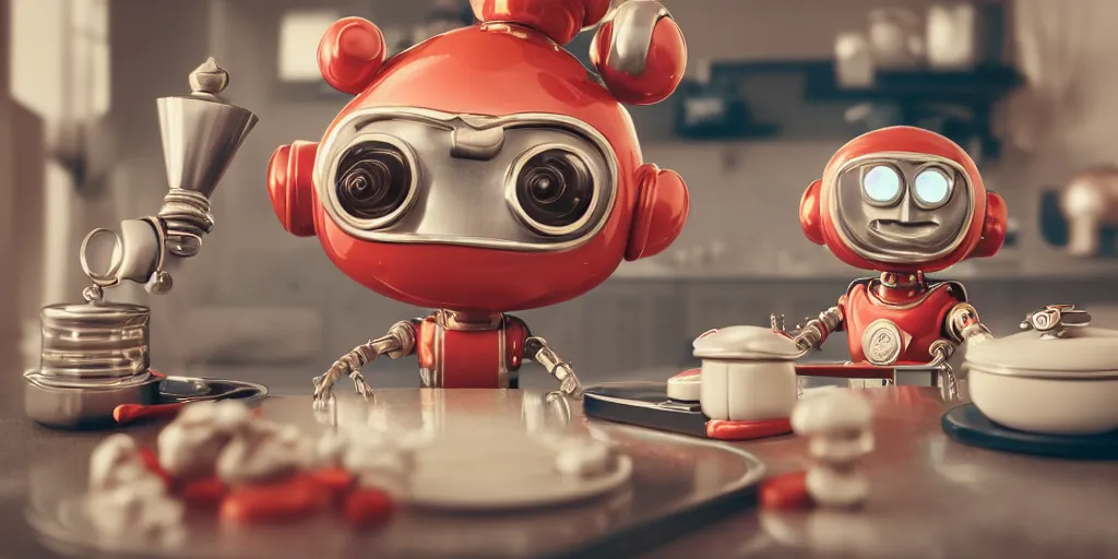 Image similar to closeup portrait of tin toy retro robot chef cooking pastry in a kitchen, depth of field, zeiss lens, detailed, centered, fashion photoshoot, by nicoletta ceccoli, mark ryden, lostfish, breathtaking, 8 k resolution, extremely detailed, beautiful, establishing shot, artistic, hyperrealistic, octane render