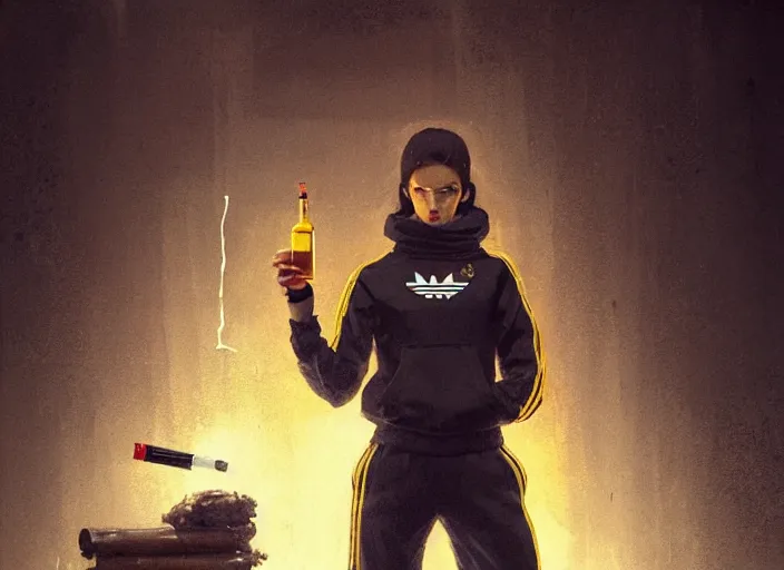 Image similar to russian slav heroine wearing an addidas tracksuit squatting with whiskey in one hand and a cigarette in the other hand. by greg rutkowski and wlop, detailed, cinematic, artstation, 8 k, intricate, rule of thirds.