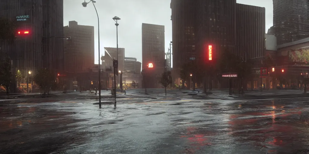 Prompt: arcane power courses through downtown denver with heavy rain, cinematic, ultra - realistic, ultra - detailed, octane render, unreal engine 5, depth of field