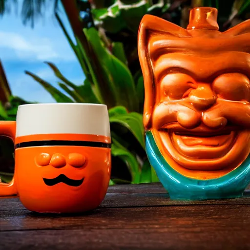 Image similar to a closeup photorealistic photograph of a glossy orange cat garfield style tiki mug sitting at a trader vic's beach bar featuring garfield's face. tiki theme. bright scene. fine detail. this 4 k hd image is trending on artstation, featured on behance, well - rendered, extra crisp, features intricate detail, epic composition and the style of unreal engine.