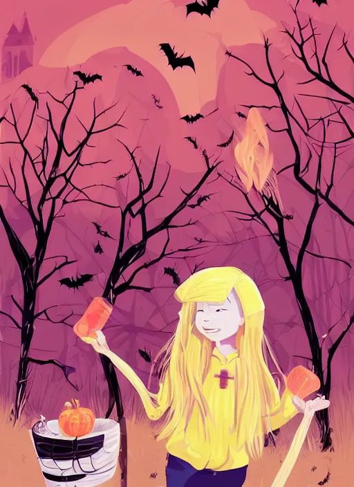 Image similar to three year old girl with long blonde hair in a halloween scene. she is carrying a candy bucket. clean cel shaded vector art. shutterstock. behance hd by lois van baarle, artgerm, helen huang, by makoto shinkai and ilya kuvshinov, rossdraws, illustration, art by ilya kuvshinov