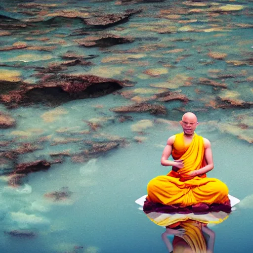 Image similar to !dream a Buddhist monk floating above water with an ice cream ::