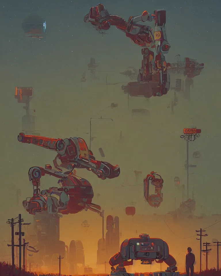 Prompt: Retro sc-fi poster by Simon Stålenhag, giant broken robot, rural landscape