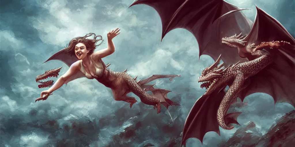 Image similar to Emilia Clarke jumping over a pit with dragons behind her in the air, artwork by charlie bowater