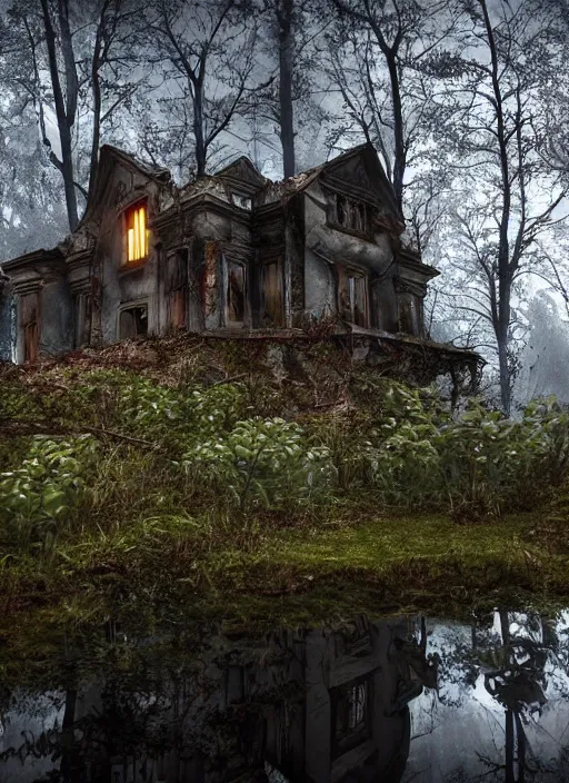 Prompt: an abandoned hell mansion on a ominous forest biome by pixar, smooth, cinematic, wet reflections, ray tracing x, rtx, smooth