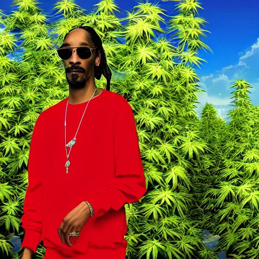 Prompt: snoop dog standing of a boat in front of huge cannabis plants, realistic digital art, highly detailed