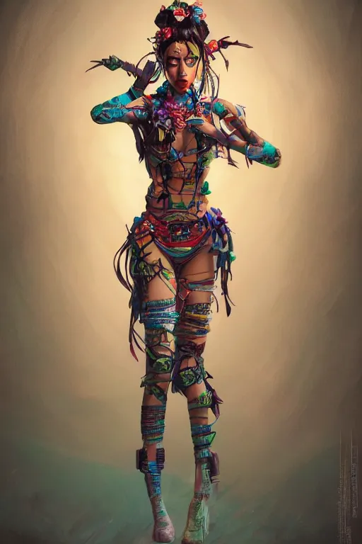 Image similar to An epic fantasy comic book style full body portrait painting of a very beautiful cyberpunk Hula Dancer, character design by Mark Ryden and Pixar and Hayao Miyazaki, unreal 5, DAZ, hyperrealistic, octane render, cosplay, RPG portrait, dynamic lighting, intricate detail, cinematic