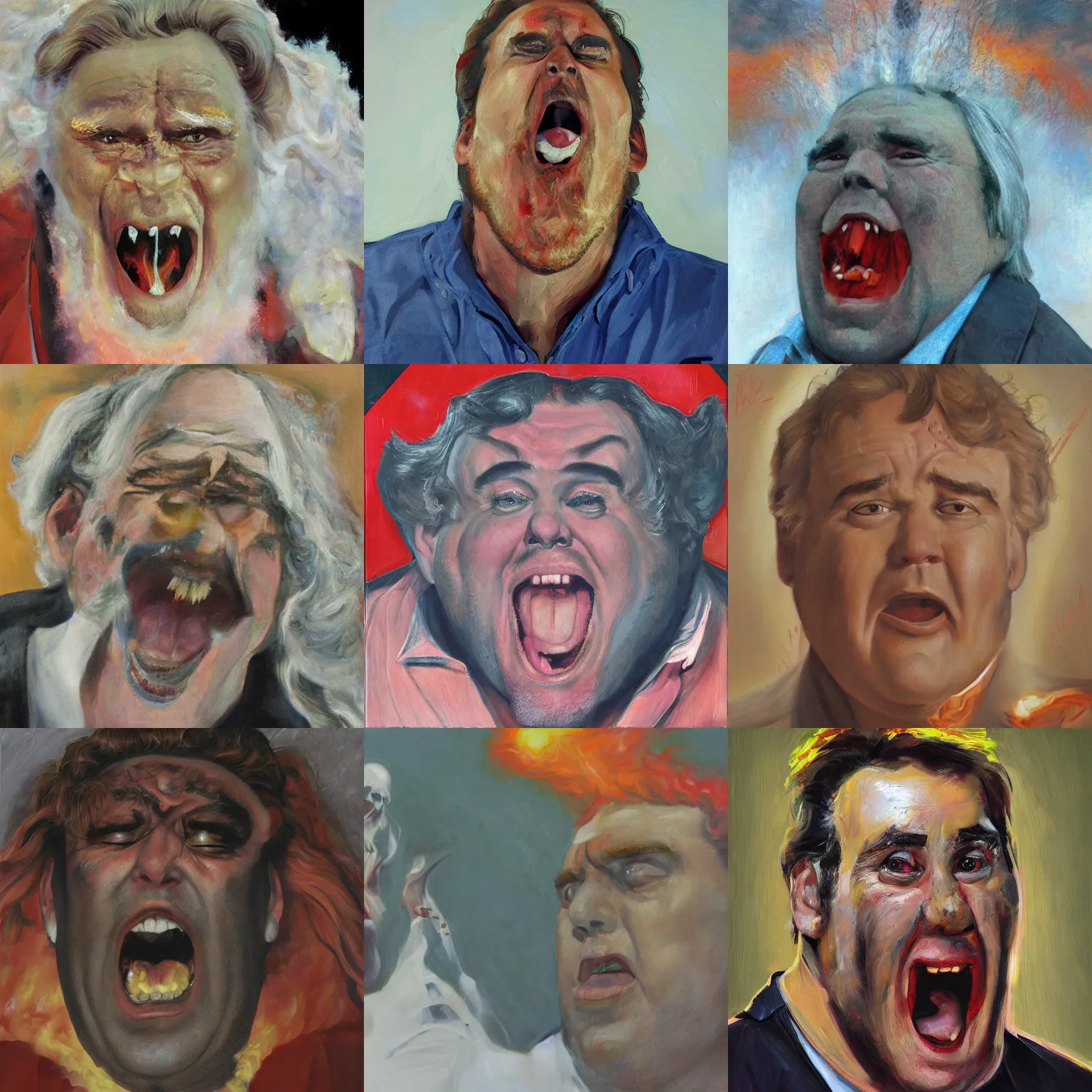 Prompt: portrait from hell, john candy wearing screaming in fear, fire and brimstone, oil on canvas by sidney mount, trending on artstation