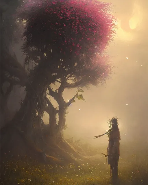 Image similar to Hyper realistic oil painting of a knight covered in flowers, fog, volumetric lighting, nighttime, moonlight, creepy, by greg rutkowski