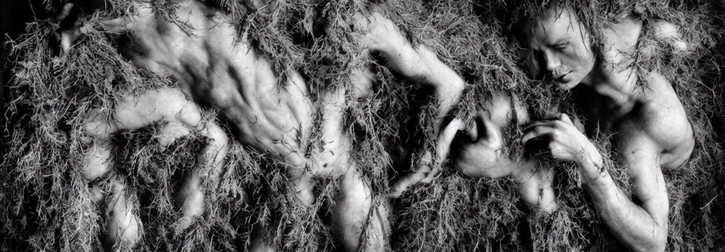 Prompt: mysterious and sensual scene of tyrolean farmer transforming into hay man with horns, roots and edelweiss growing out of the body 35mm double-exposure photo, slightly erotic, palm body, deep shadows, german expressionism, noir, slightly colorful, photorealistic, detailed smoke, natural bones and skin, natural textures, depth of field, ambient occlusion, motion blur, HD, masterpiece, volumetric, chromatic aberration by Richard Avedon, style of Ade Santora, perfect composition, masterpiece, intricate detailed